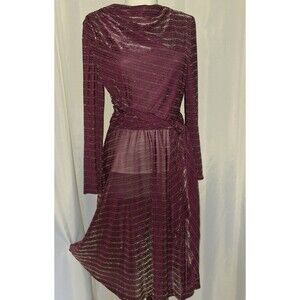 Vtg 70s Wine sash belt Polyester Draped neck metallic strips disco dress sz 9/10